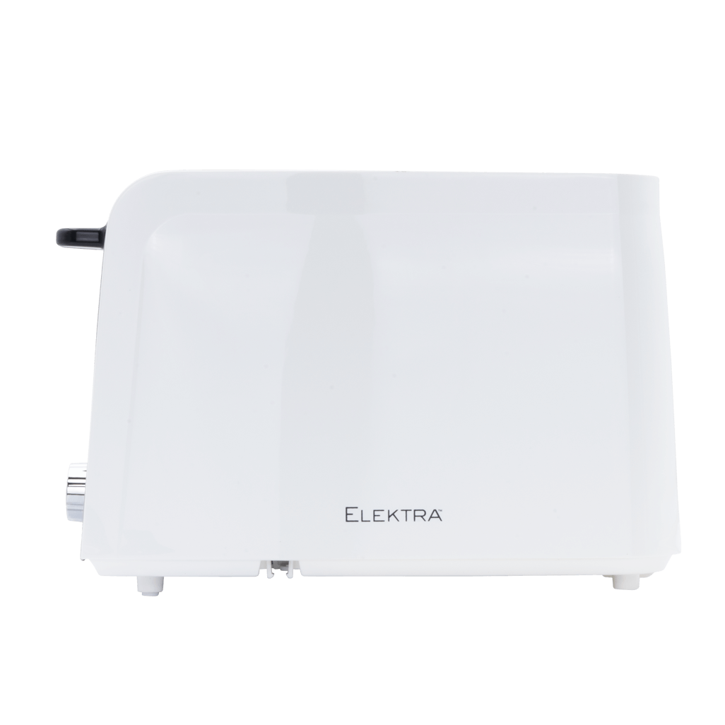 Elektra 2 slice toaster in white, featuring sleek plastic housing and stainless steel accents, perfect for any kitchen.