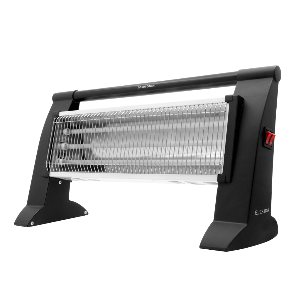 Elektra 3 Bar Heater with safety tip-over switch, compact design, and carry handle for easy transport.