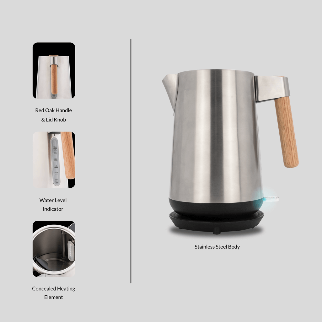 Boden Stark Anson Collection 1.7L stainless steel kettle with red oak handle and water level indicator.