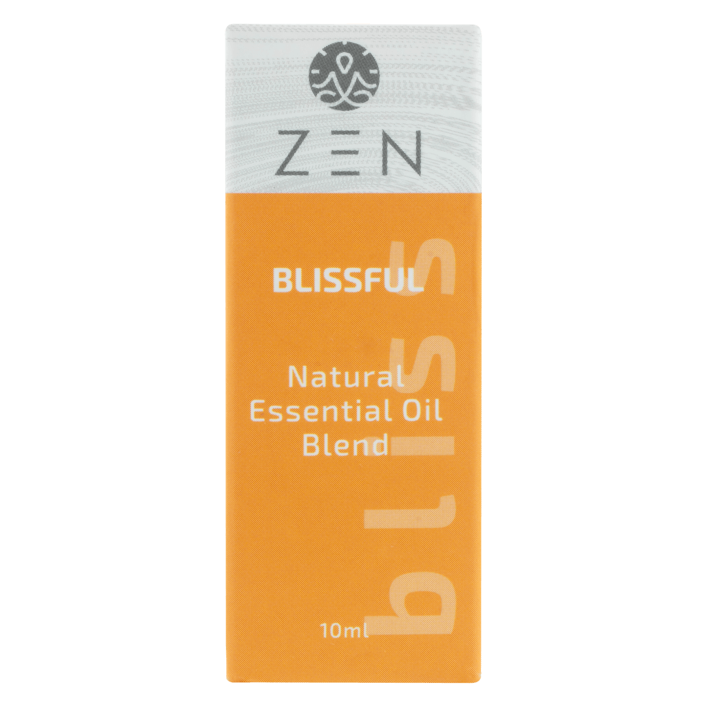 Zen Oil Blissful natural essential oil blend in 10ml packaging, promoting relaxation and well-being.