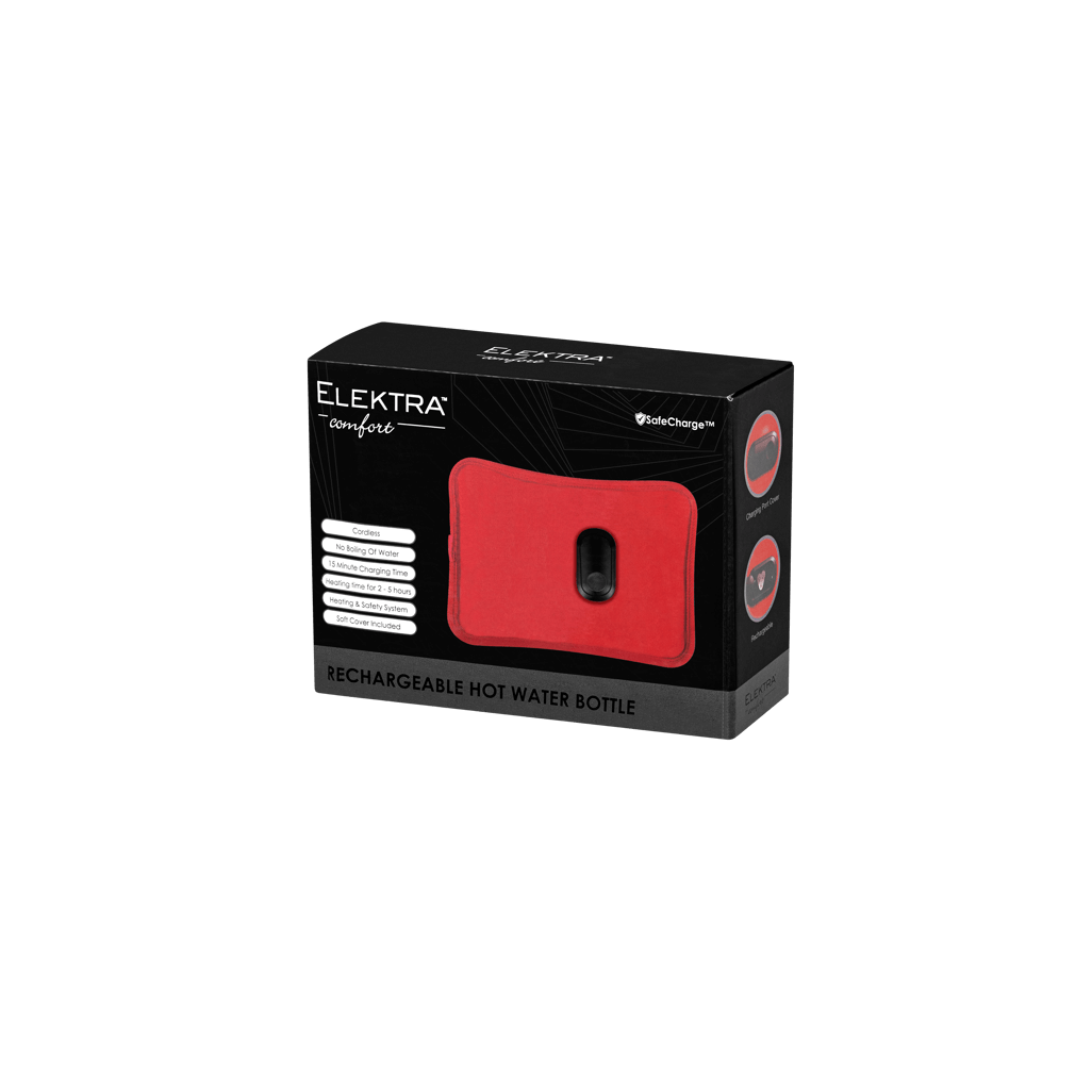 Elektra Red Hot Water Bottle packaging, featuring a rechargeable design for warmth and comfort.
