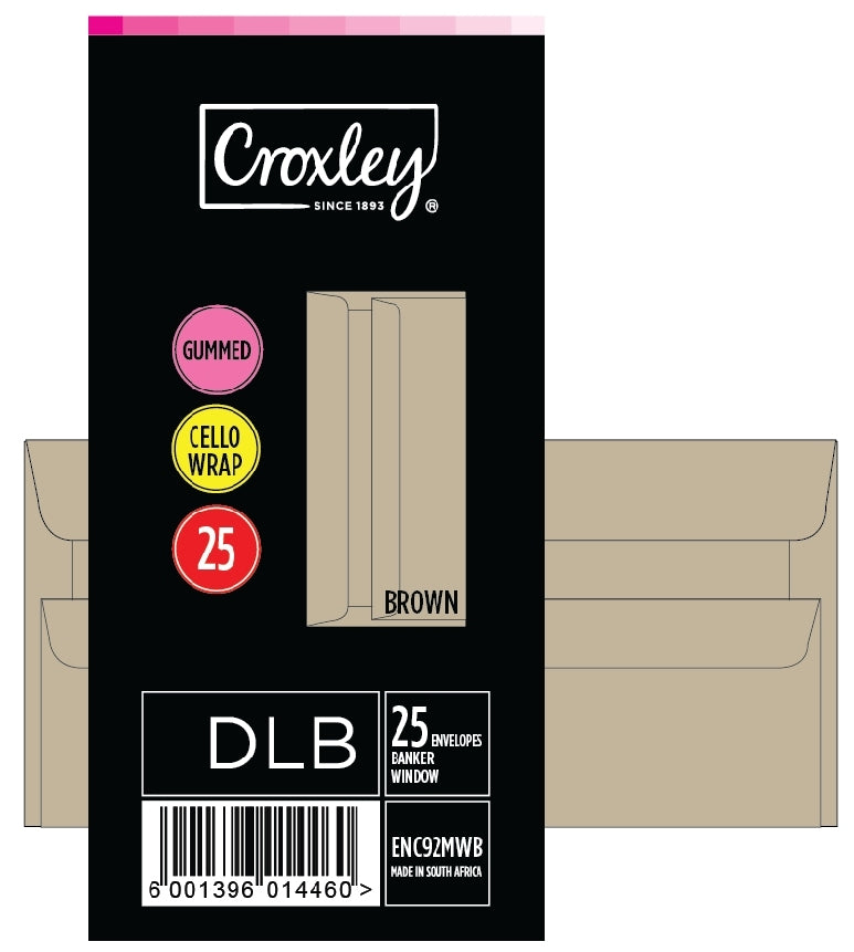 CROXLEY JD92MWBC DLB (Banker) Brown Window Gummed Envelopes - Cellowrapped 25's (Box of 20 Packets)