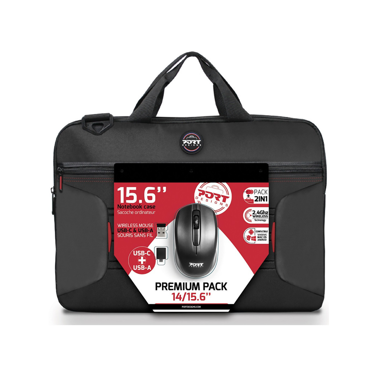 Port Premium Pack 14/15.6" Toploader Bag with Wireless Mouse Bundle