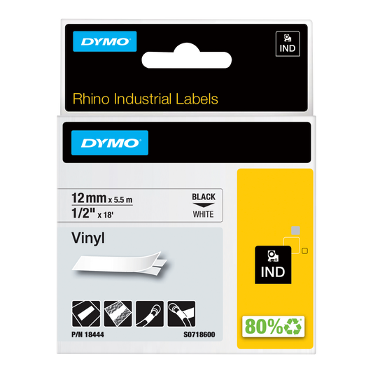 DYMO D1 Labelling Tape - Vinyl - Black on White - 12mmx5.5m