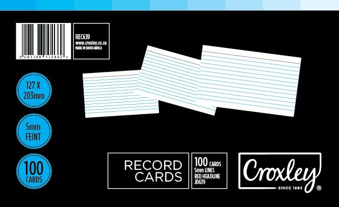 CROXLEY JD639 Record Cards 127x203 Cello 100's per Packet in Box of 10 Packets
