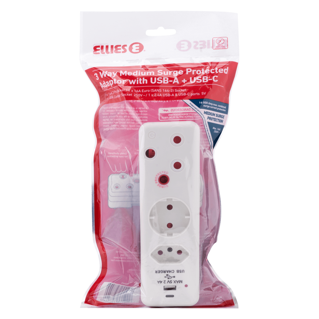 Ellies 3 Way Medium Surge adaptor Schuko,with type C + USB