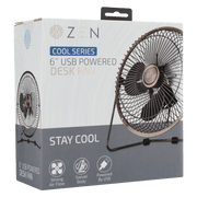 ZEN Cool series copper 6 inch desk fan packaging with USB power and strong airflow features.