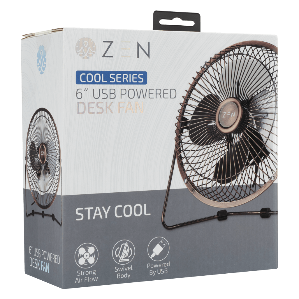ZEN Cool series copper 6 inch desk fan packaging with USB power and strong airflow features.
