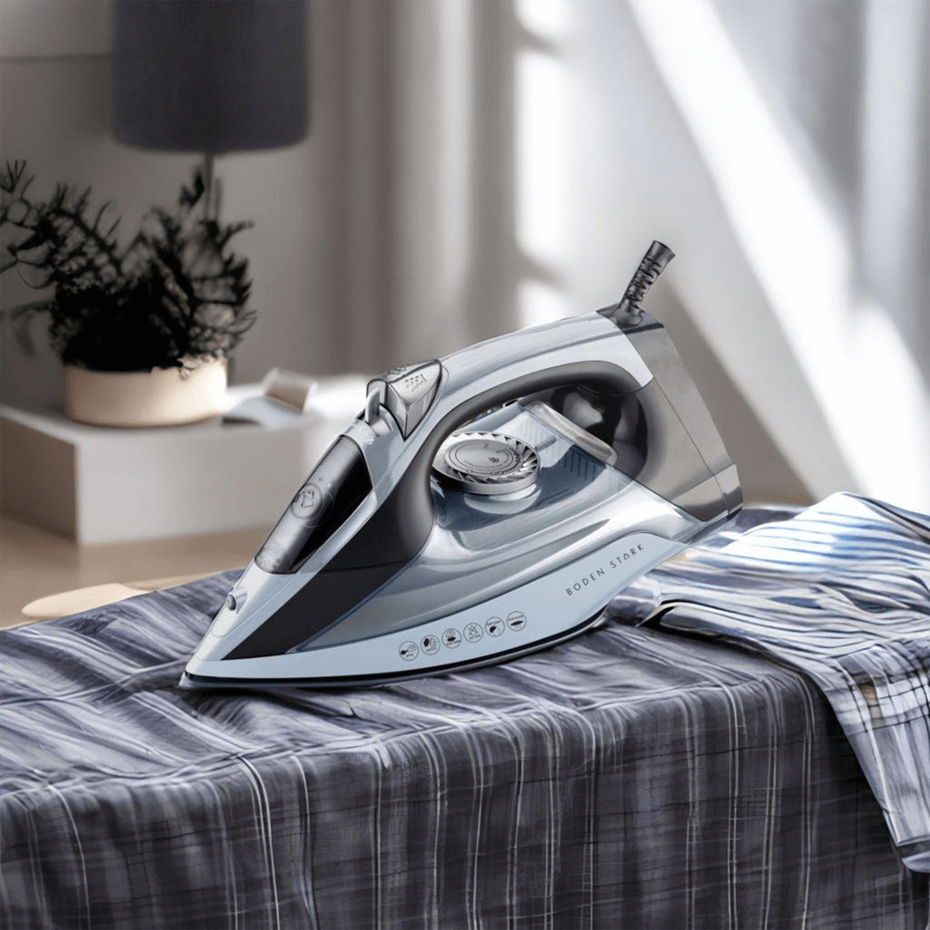 Boden Stark 2200W Ceramic Steam Iron on a pressed shirt, showcasing its modern design and powerful steam features.