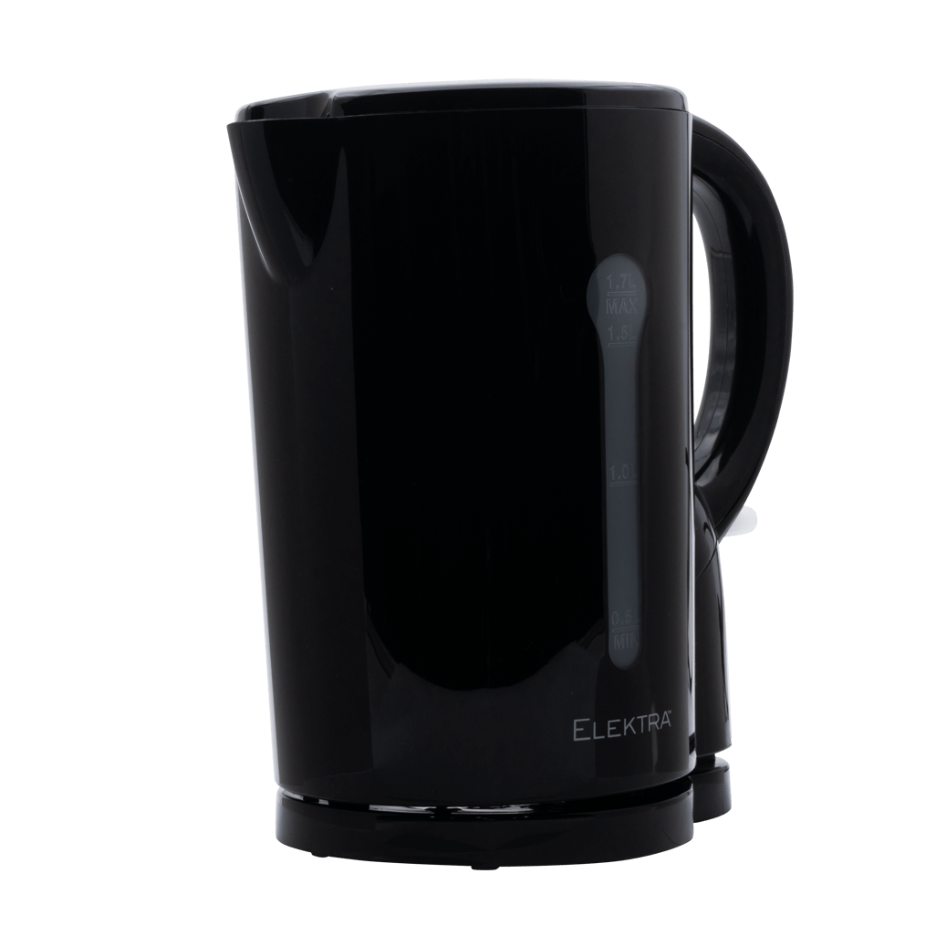 ELEKTRA 1.7L cordless plastic kettle in black, showcasing its sleek design and easy-to-use features.