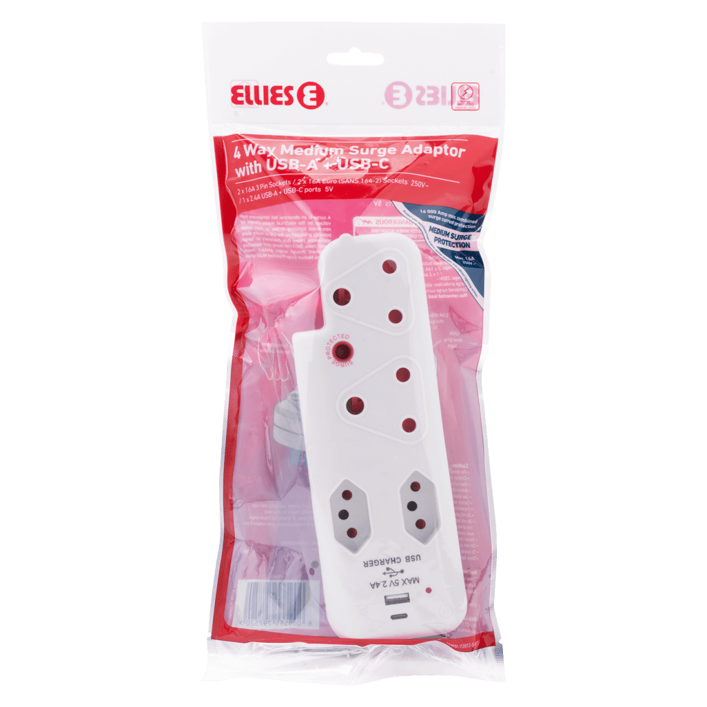 Ellies 4 Way Medium Surge adaptor with type C + USB
