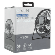 ZEN Cool series 4 inch Mini Desk Fan in Black box packaging showcasing USB power and strong airflow features.