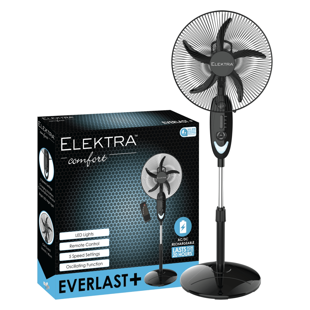 ELEKTRA 2707 EVERLAST+ Stand Fan with remote control, LED lights, 5-speed settings, and oscillating function.