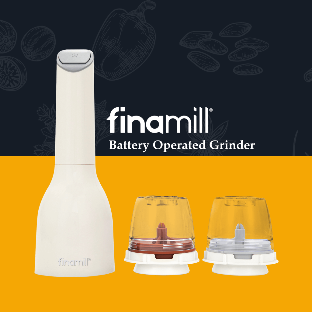 FINAMILL battery operated grinder in Soft Cream color with interchangeable grinding caps on a vibrant background.