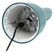 Interior view of FINAMILL RECHARGEABLE grinder in Ocean Blue, showcasing USB charging port.
