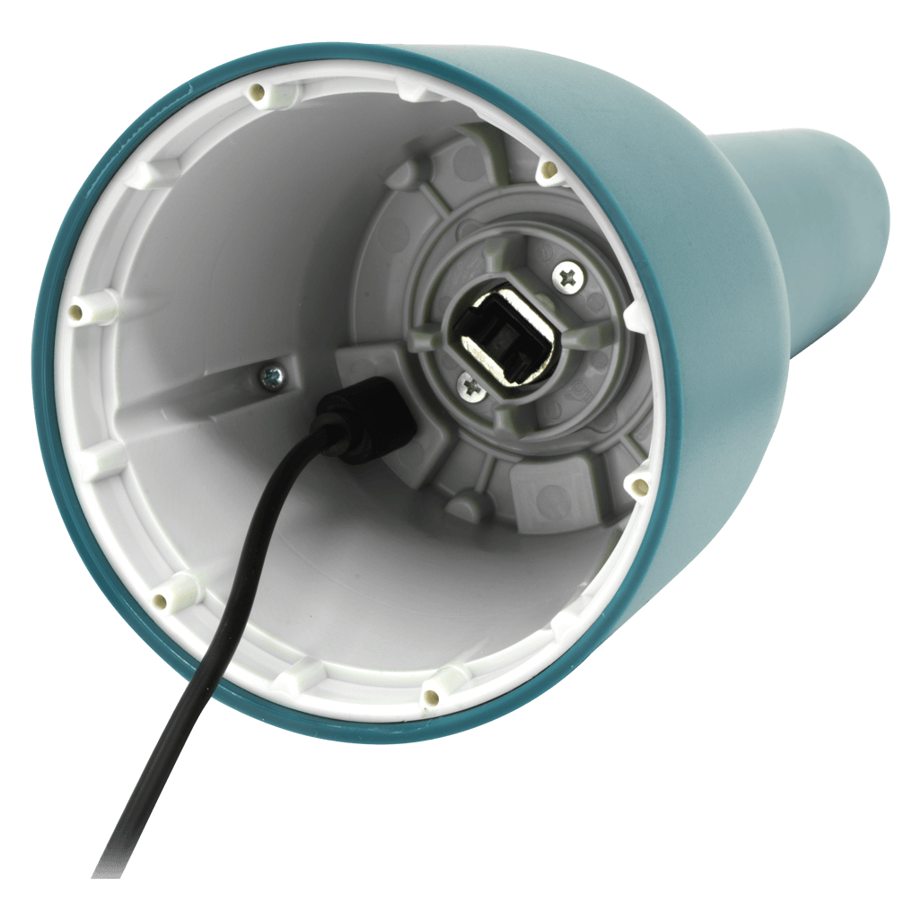 Interior view of FINAMILL RECHARGEABLE grinder in Ocean Blue, showcasing USB charging port.