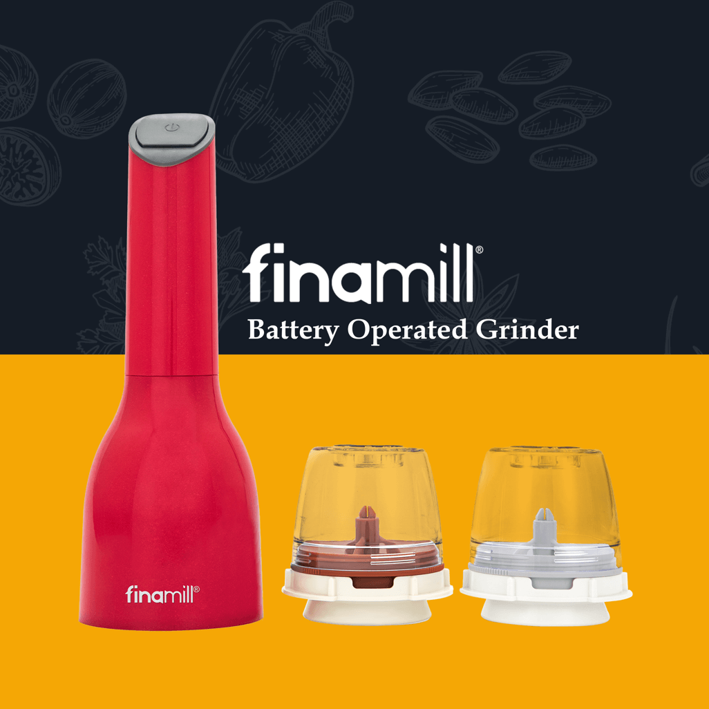 FINAMILL Battery Operated Grinder in Sangria color with two interchangeable containers for spices.