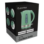 ELEKTRA 1.7L cordless kettle in green with 360° base, water level indicator, and one-touch lid opening.