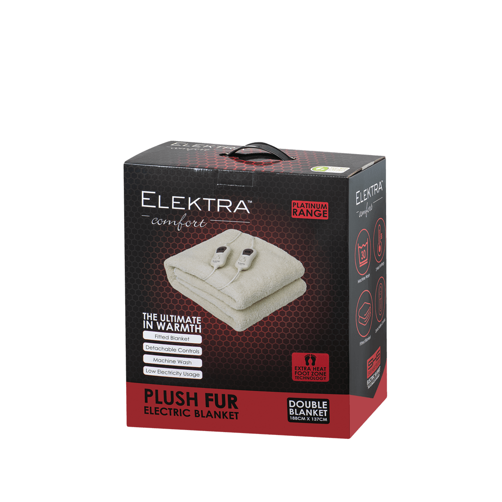 Elektra electric blanket in plush fur packaging, double size, featuring adjustable heat settings for ultimate comfort.