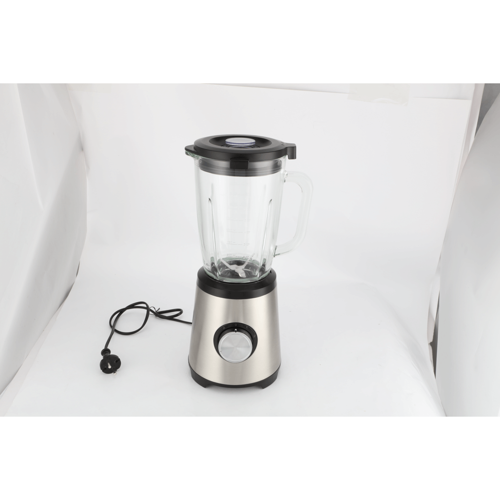 Boden Stark 1000W glass jug blender with stainless steel base and clear jug, perfect for smoothies and soups.