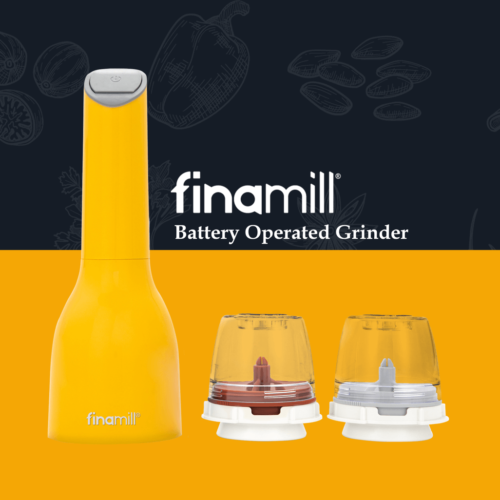 FINAMILL battery operated grinder in bright Canary yellow with interchangeable spice containers.