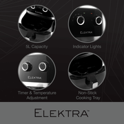Elektra 5L Mechanical Air Fryer features: capacity indicator, lights, timer & temperature control, and non-stick cooking tray.