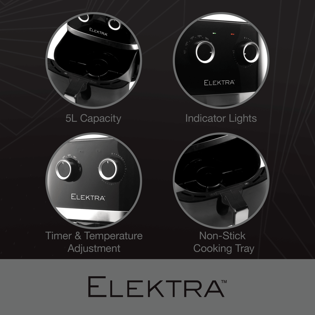 Elektra 5L Mechanical Air Fryer features: capacity indicator, lights, timer & temperature control, and non-stick cooking tray.