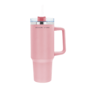Boden Stark 1200ml pink travel mug with straw and handle, perfect for on-the-go hydration.