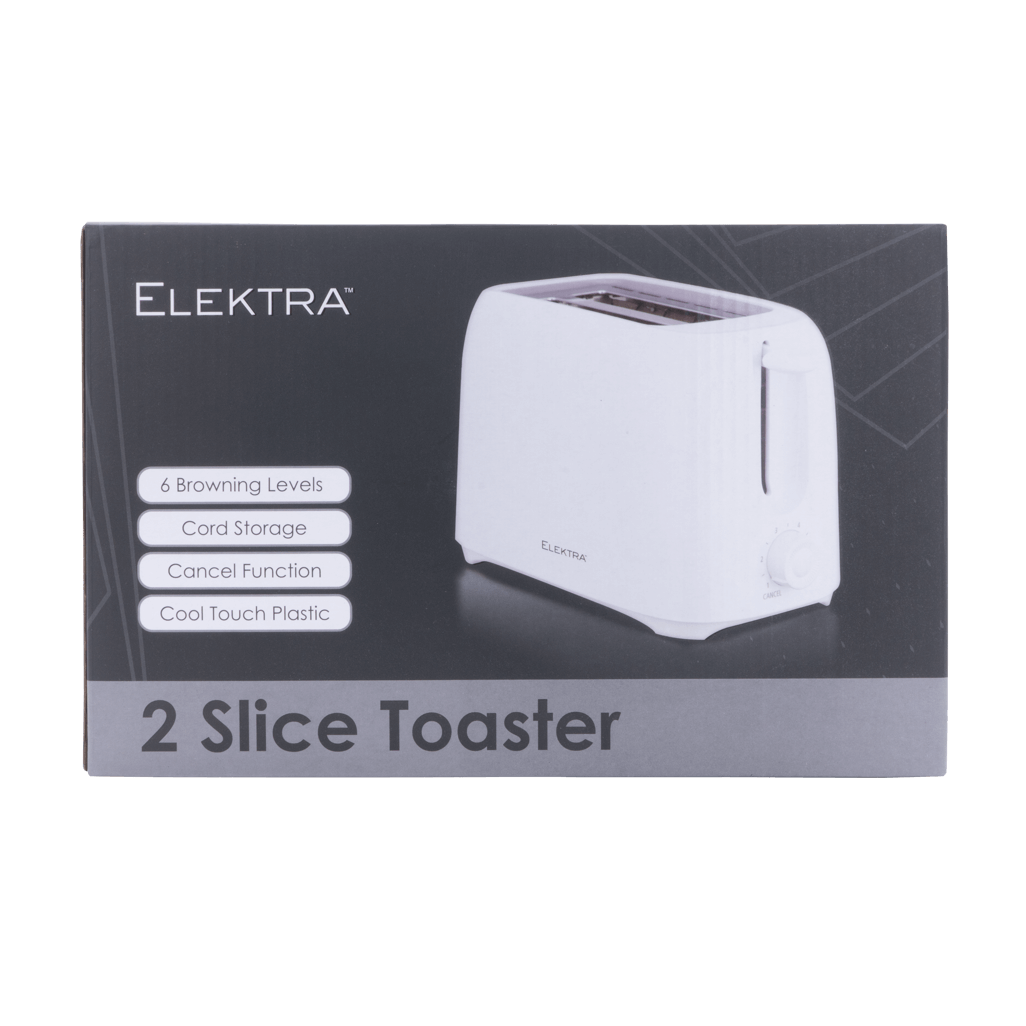 ELEKTRA Basic 700W 2 Slice Toaster in white with features like 6 browning levels and cord storage.