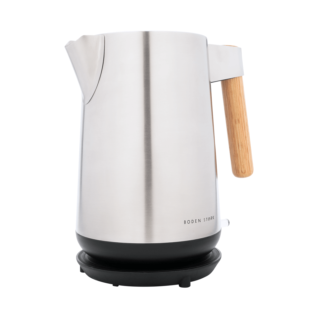 Boden Stark Anson Collection 1.7l stainless steel kettle with wooden handle on a base.