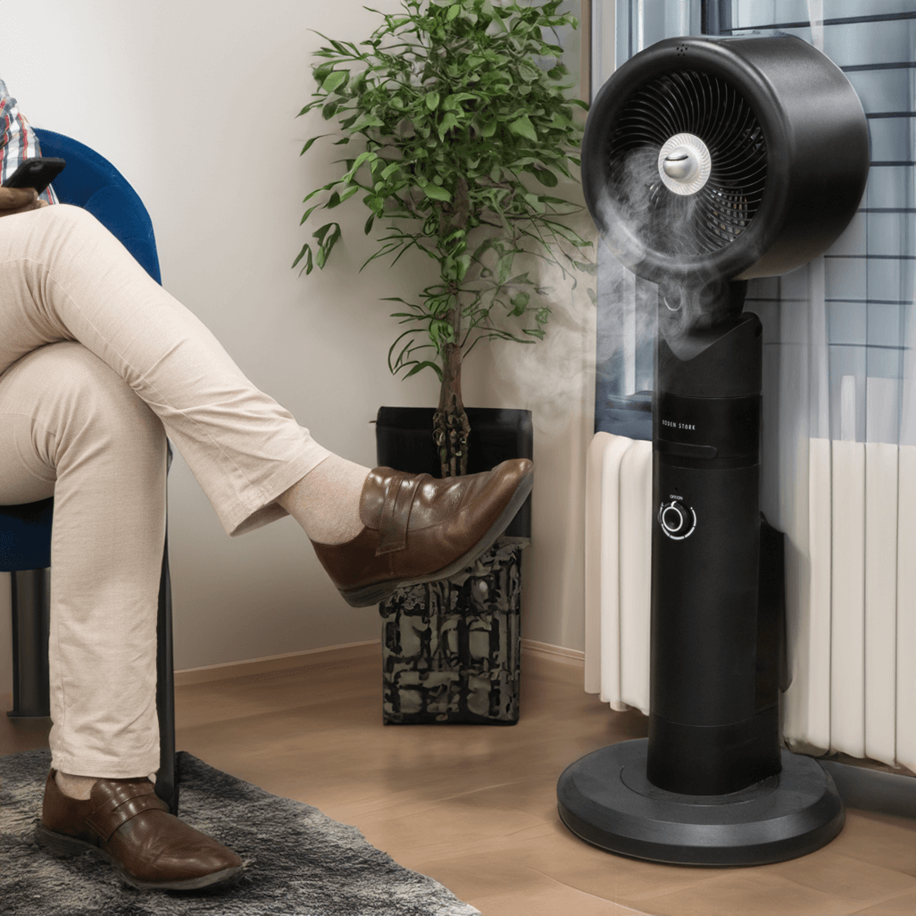 BODEN STARK 3-in-1 fan humidifier in a cozy room, providing cool mist and comfort.
