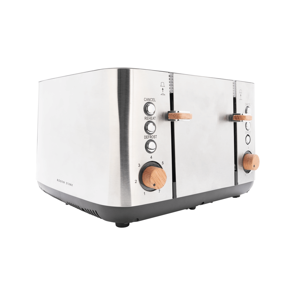 Boden Stark Anson Collection 4 Slice Stainless Steel Toaster with wooden knobs and multiple settings.