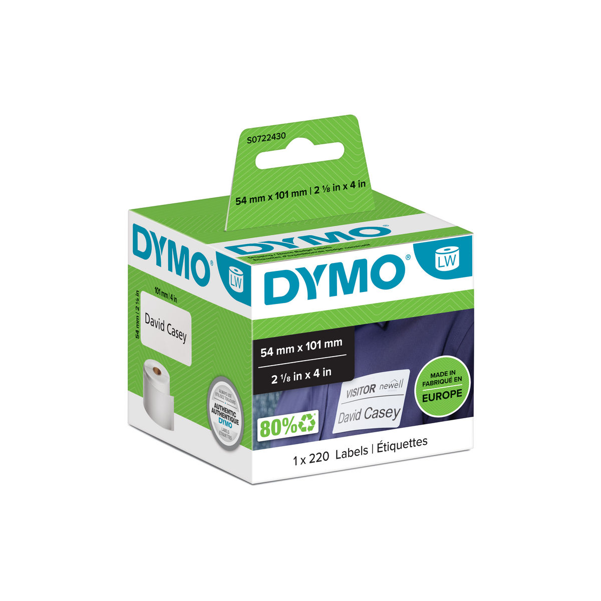 DYMO LabelWriter Labels - 54mmx101mm - Black on White - Box of 220