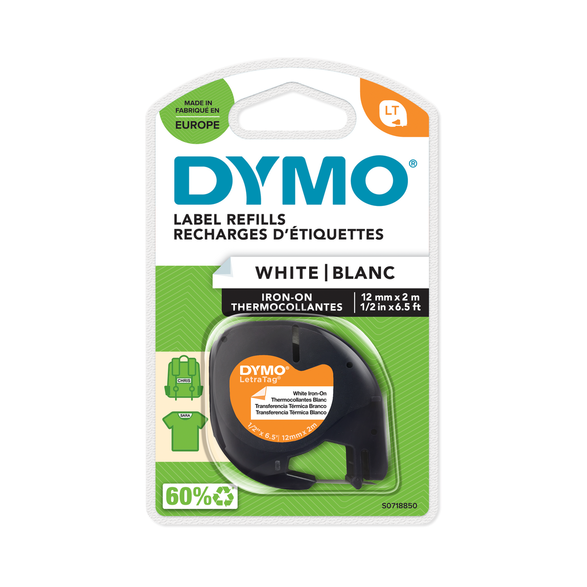DYMO LetraTag Tape -  Iron-On - Black on White - 12mmx2m