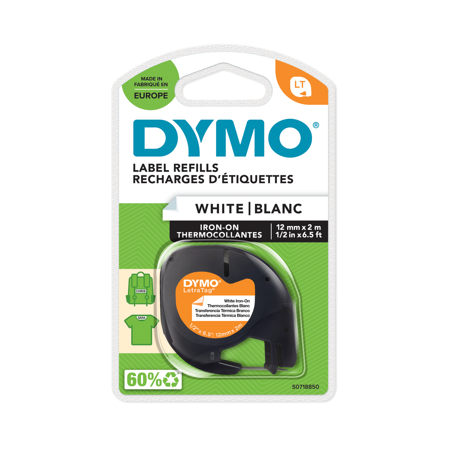 DYMO LetraTag Tape -  Iron-On - Black on White - 12mmx2m