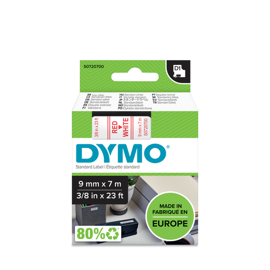 DYMO D1 Labelling Tape -  Removable Polyester - Red on White - 9mmx7m