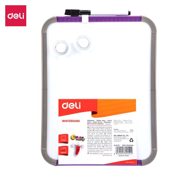Magnetic Whiteboard Set 279x216mm Includes 1 Dry erase marker and 2 magnetic buttons. Blue and purple