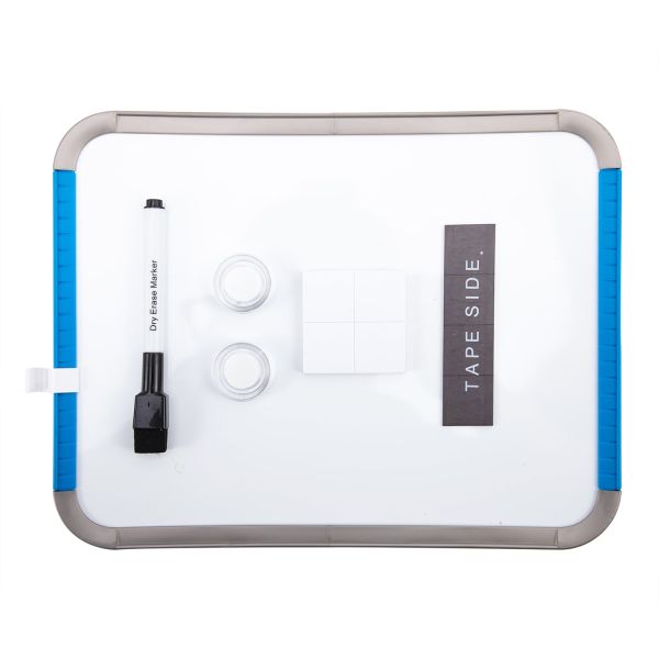 Magnetic Whiteboard Set 279x216mm Includes 1 Dry erase marker and 2 magnetic buttons. Blue and purple