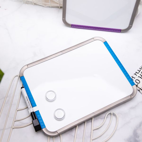 Magnetic Whiteboard Set 279x216mm Includes 1 Dry erase marker and 2 magnetic buttons. Blue and purple