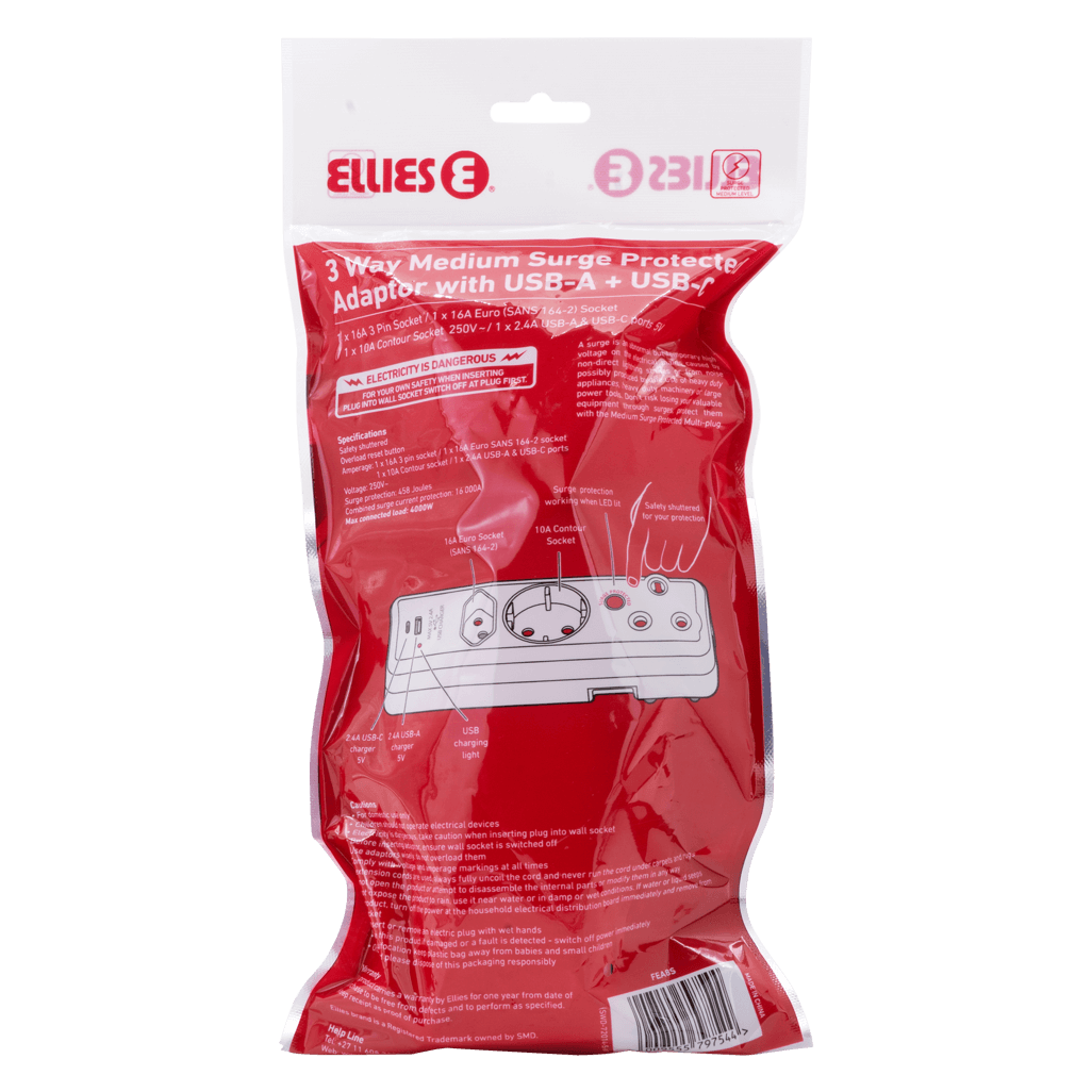 Ellies 3 Way Medium Surge adaptor Schuko,with type C + USB