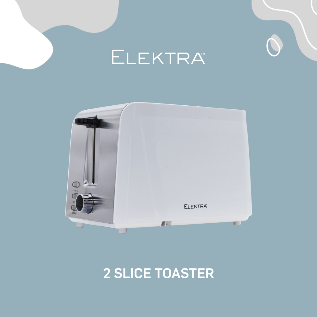 Elektra 2 Slice Toaster in white with stainless steel accents for quick, even toasting.