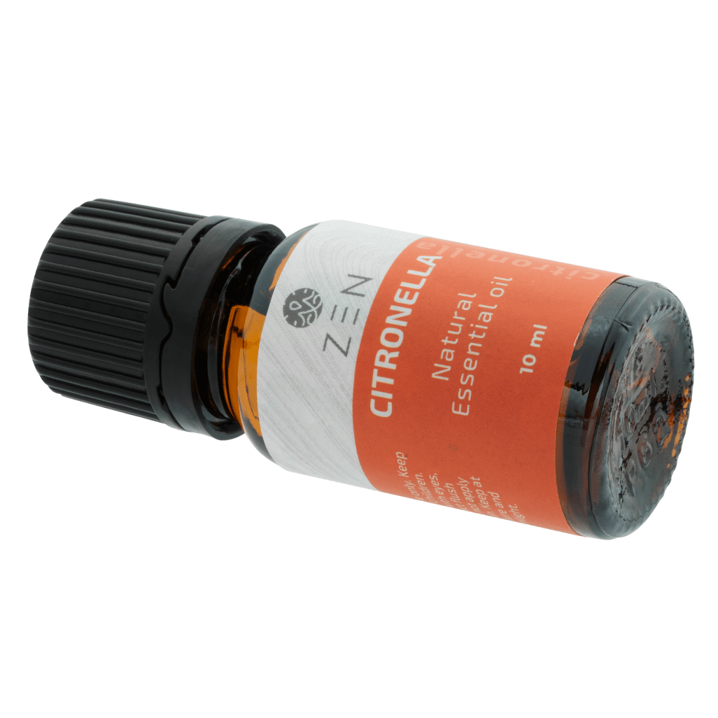 Zen Oil Citronella essential oil bottle, 10 ml, promoting natural aroma and relaxation.