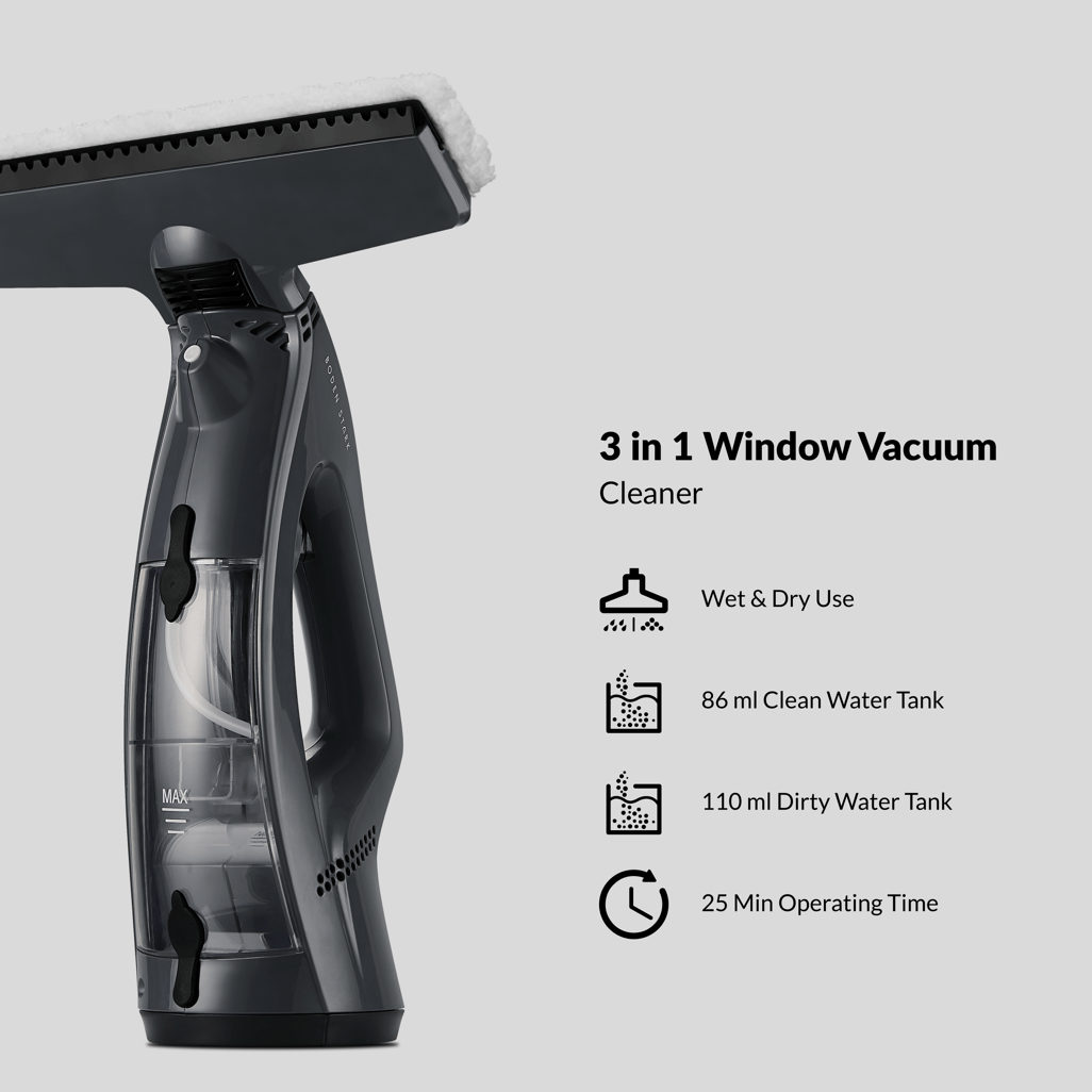 Boden Stark 3 in 1 Window Vacuum Cleaner with wet and dry use, clean and dirty water tanks, and 25 min operating time.