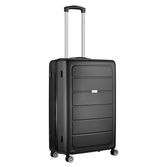 Travelwize Maple ABS 65cm black spinner luggage with four wheels for easy maneuverability.