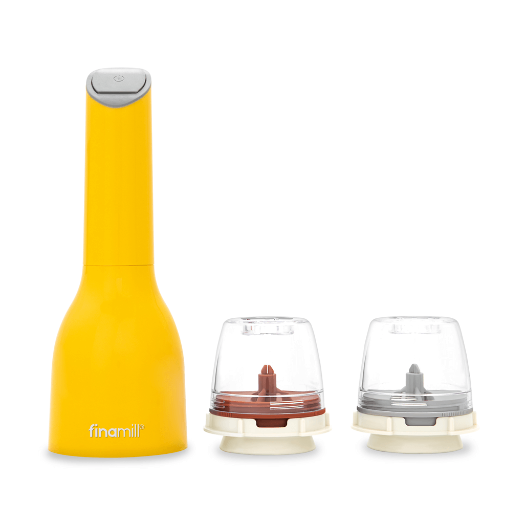 FINAMILL battery operated grinder in Canary color with two interchangeable containers for spices and herbs.