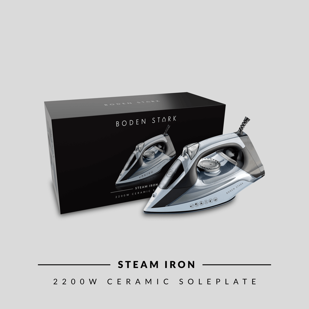 Boden Stark 2200W Ceramic Steam Iron with ceramic soleplate, packaged in box, ideal for effective garment care.