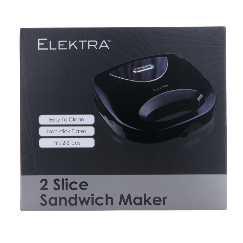 ELEKTRA 2 Slice Sandwich Maker with non-stick plates, easy to clean, sleek black design for perfect toasting.