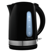 ELEKTRA 1.7L Plastic Kettle in black with stainless steel base, designed for quick boiling and modern convenience.