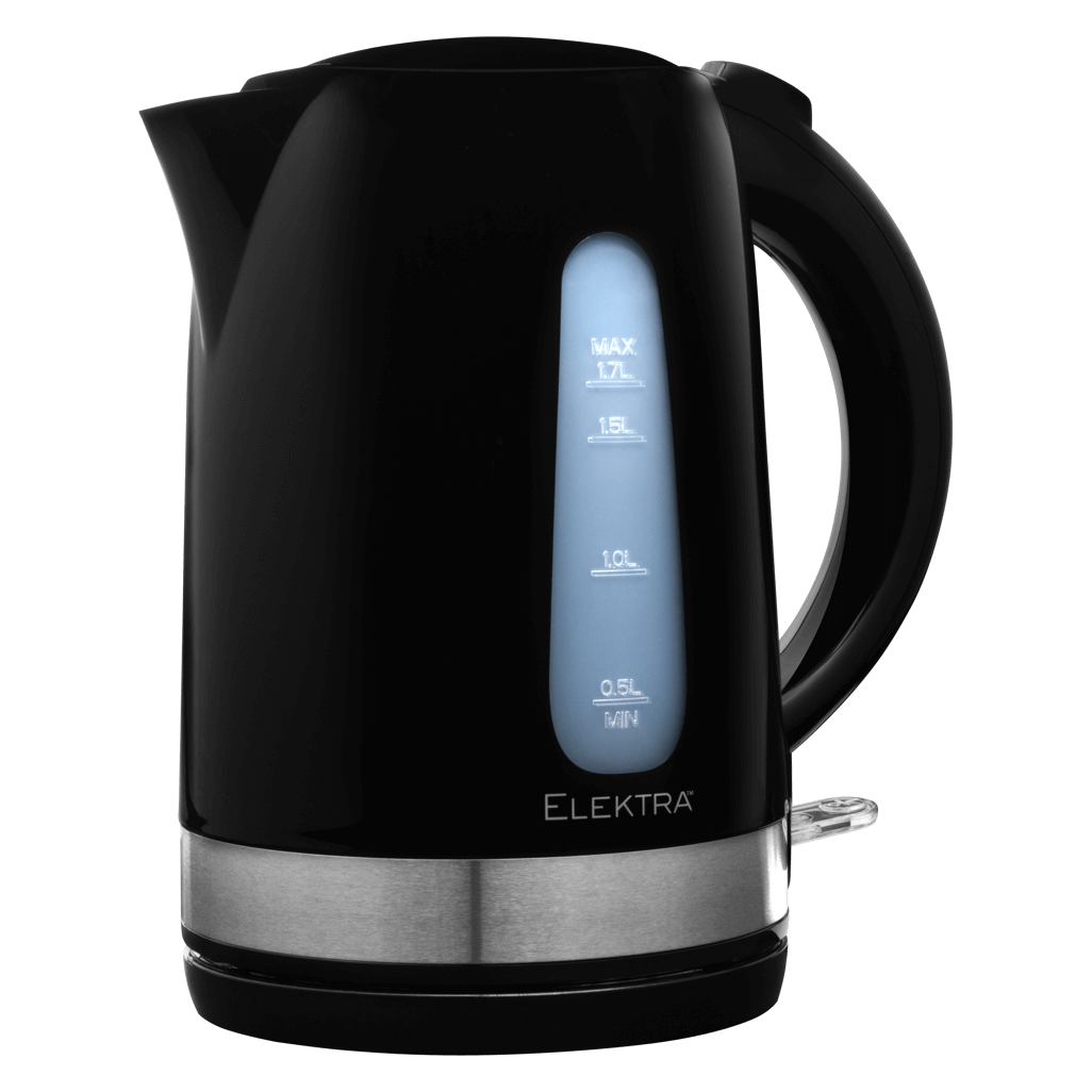 ELEKTRA 1.7L Plastic Kettle in black with stainless steel base, designed for quick boiling and modern convenience.