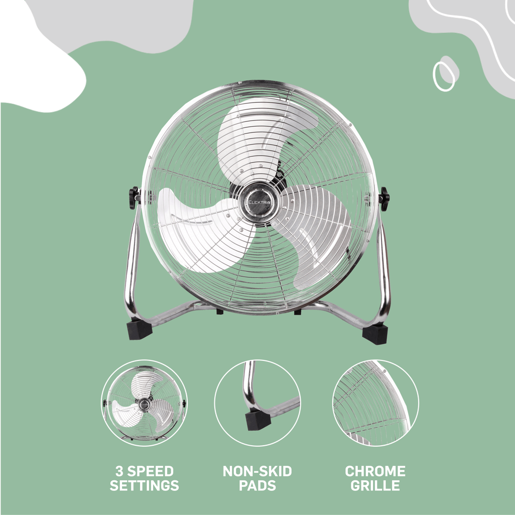 ELEKTRA POWER FAN with chrome grille, 3 speed settings, and non-skid pads for optimal airflow and stability.